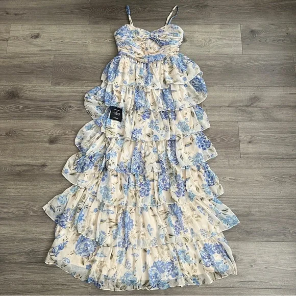 Lulus Arata Tiered Maxi Dress Small Beige Blue Floral Cutout Cottagecore Fairy - Picture 4 of 12